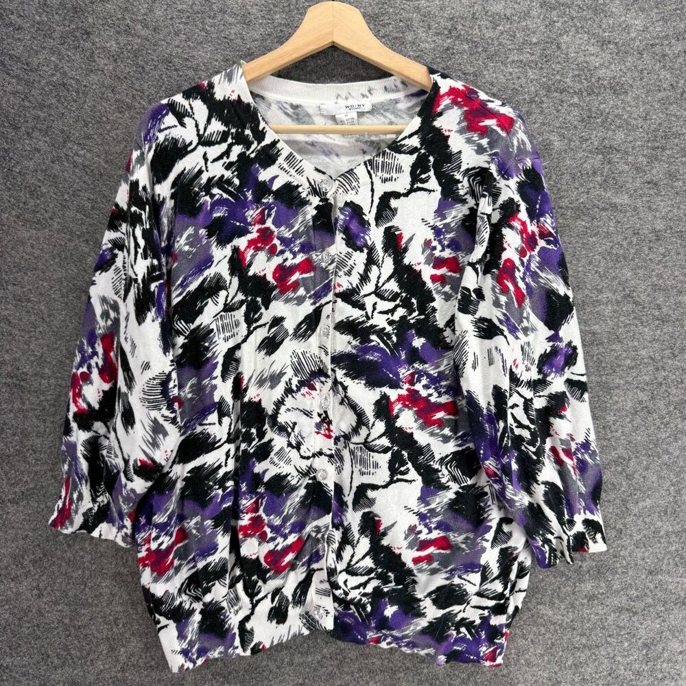 WD NY Cardigan Women 1X Plus White Colorblock Button Up V-Neck Long Sleeve